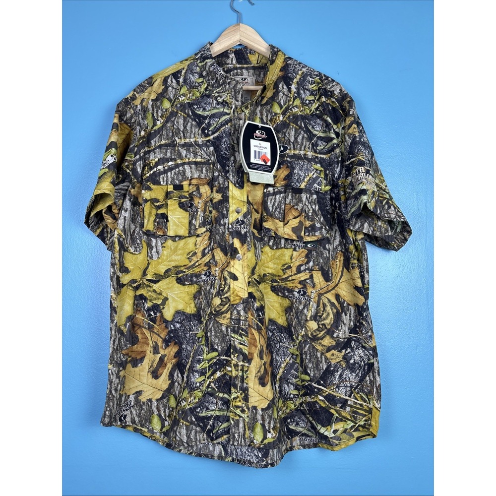 Mossy Oak Short Sleeve Fishing Shirt Large Camouflage Pockets Vented Pockets